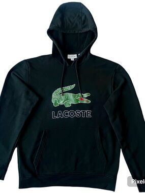 Lacoste Black Crewneck Hoodie with Green Crocodile